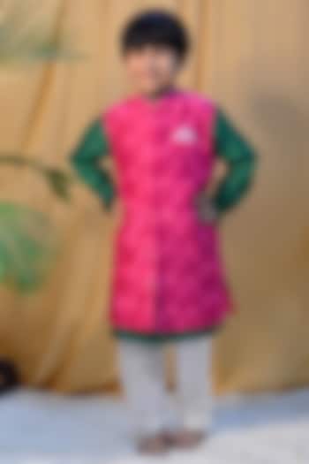 Rani Pink Cotton Silk Chanderi Motif Printed Jacket Set For Boys by Miko Lolo