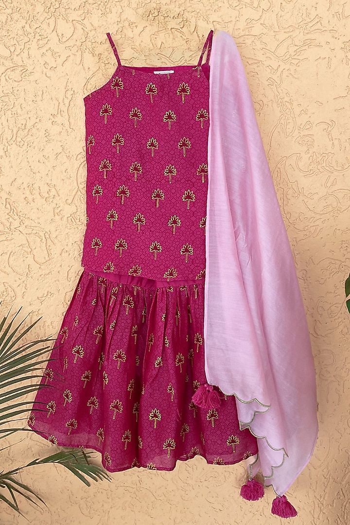 Rani Pink Cotton Silk Chanderi Handblock Printed Sharara set by Miko Lolo