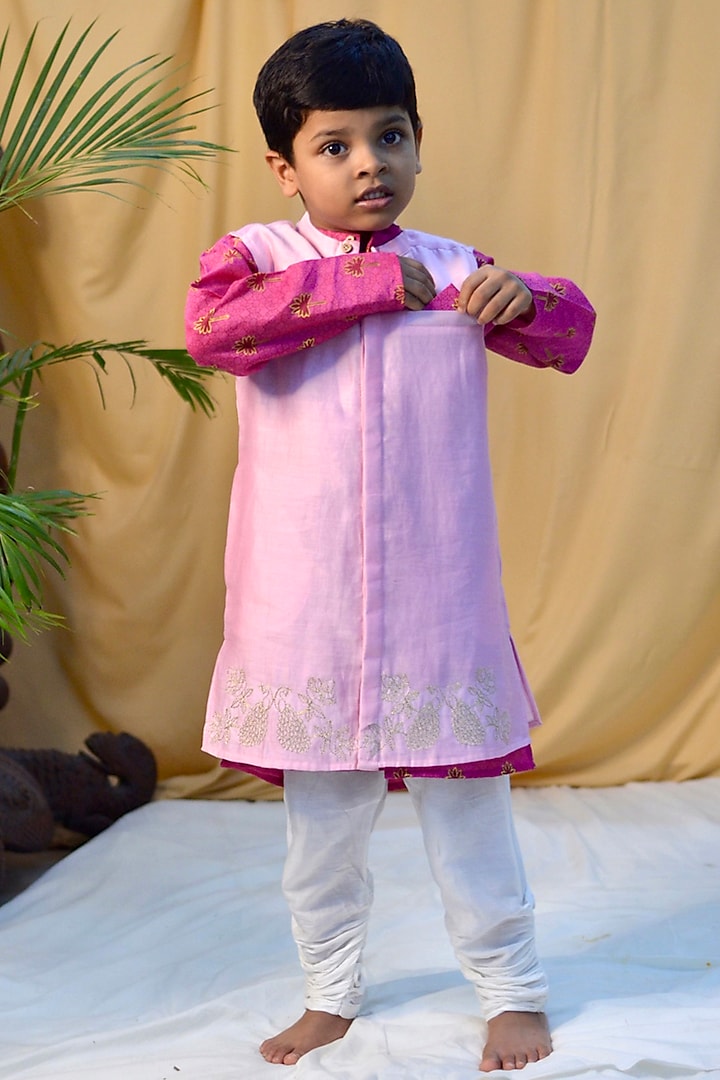 Light Pink Cotton Silk Chanderi Zari Embroidered Jacket Set For Boys by Miko Lolo