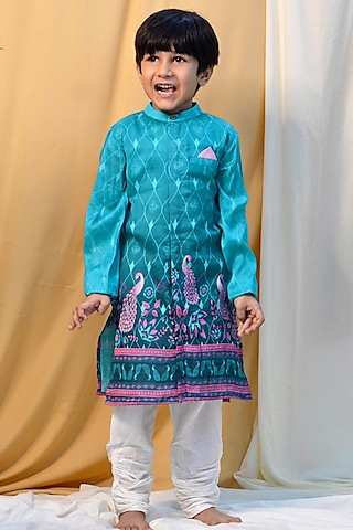 Turquoise Blue Cotton Silk Chanderi Printed Sherwani Set For boys by Miko Lolo