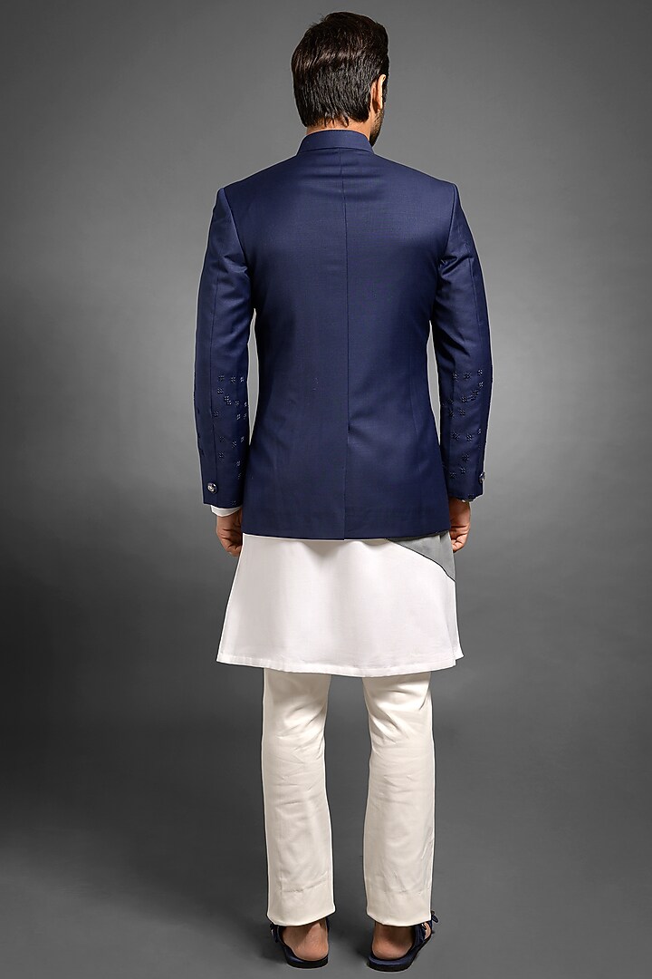 Navy Blue Embroidered Wedding Bandhgala Jacket by Mitesh Lodha at Pernia's Pop Up Shop