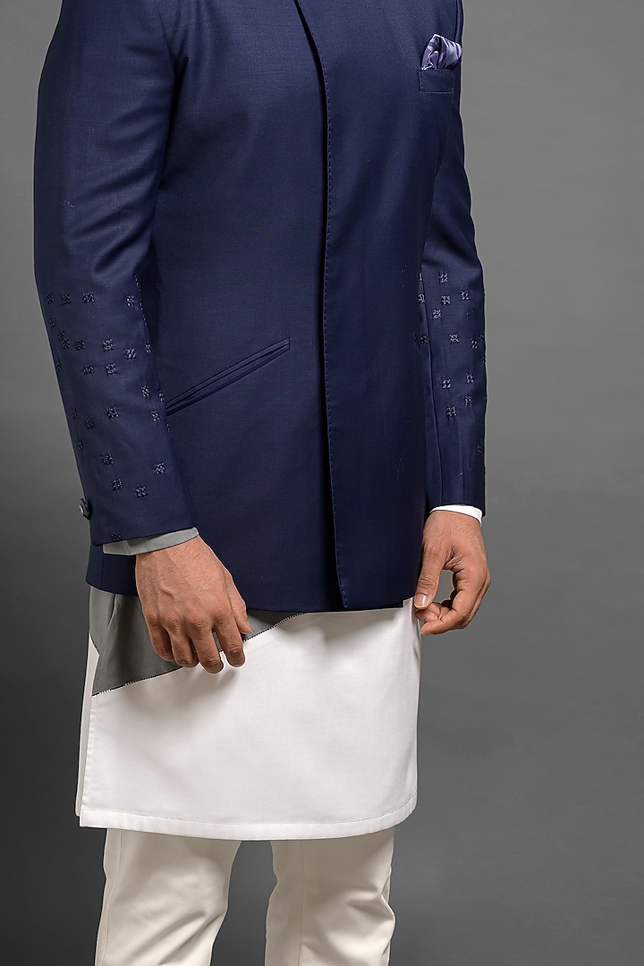 Navy Blue Embroidered Wedding Bandhgala Jacket by Mitesh Lodha at Pernia's Pop Up Shop