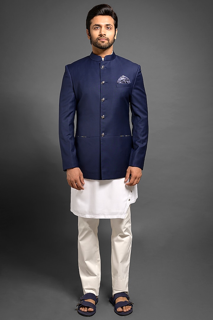 Navy Blue Bandhgala Jacket With Pockets by Mitesh Lodha