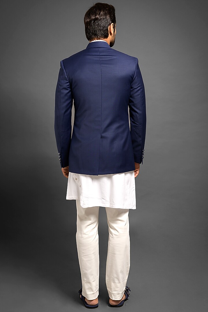 Navy Blue Bandhgala Jacket With Pockets by Mitesh Lodha at Pernia's Pop Up Shop