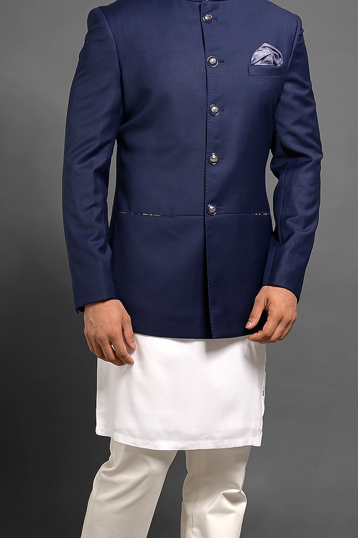 Navy Blue Bandhgala Jacket With Pockets by Mitesh Lodha at Pernia's Pop Up Shop