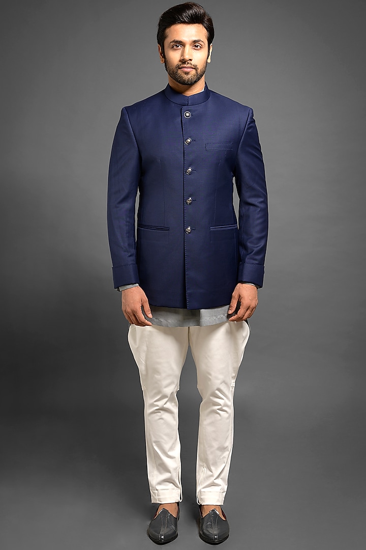 Navy Blue Bandhgala Jacket With Gauntlet Cuffs by Mitesh Lodha
