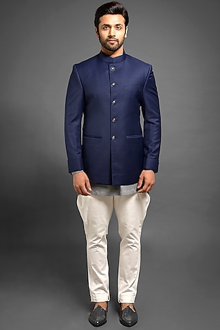 Navy Blue Bandhgala Jacket With Gauntlet Cuffs by Mitesh Lodha