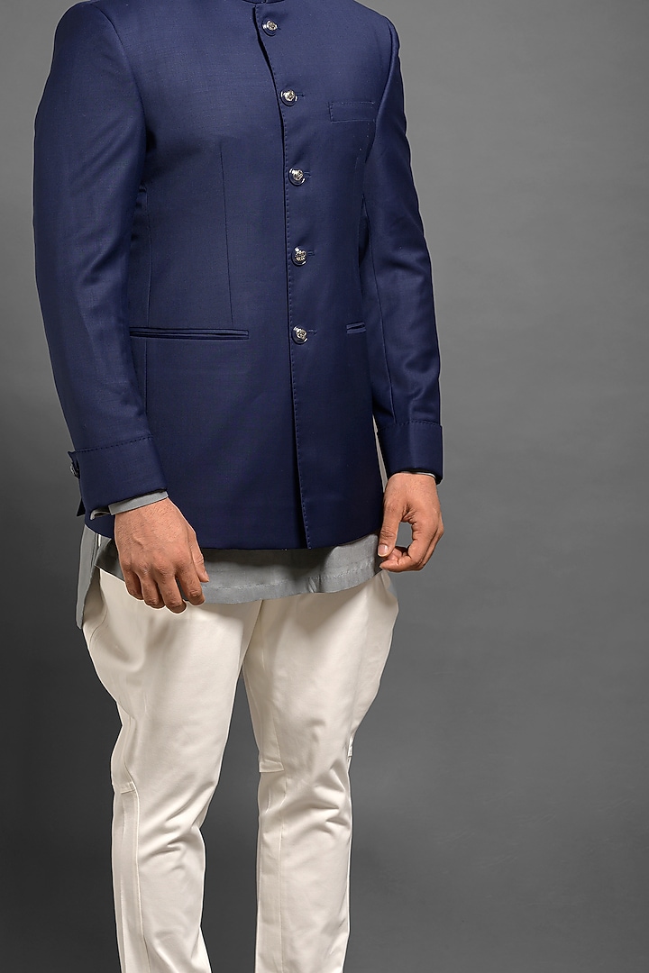 Navy Blue Bandhgala Jacket With Gauntlet Cuffs by Mitesh Lodha at Pernia's Pop Up Shop