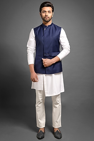 Navy Blue Embroidered Sadri Bundi Jacket by Mitesh Lodha