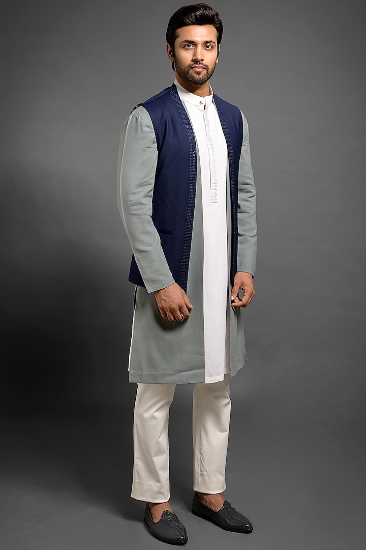 Navy Blue Embroidered Wool Sadri Indowestern Jacket by Mitesh Lodha
