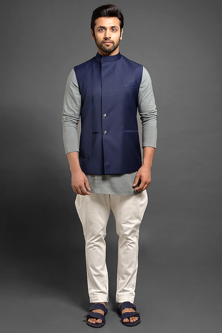 Navy Blue Sadri Bundi Jacket With Cross Style Flap by Mitesh Lodha