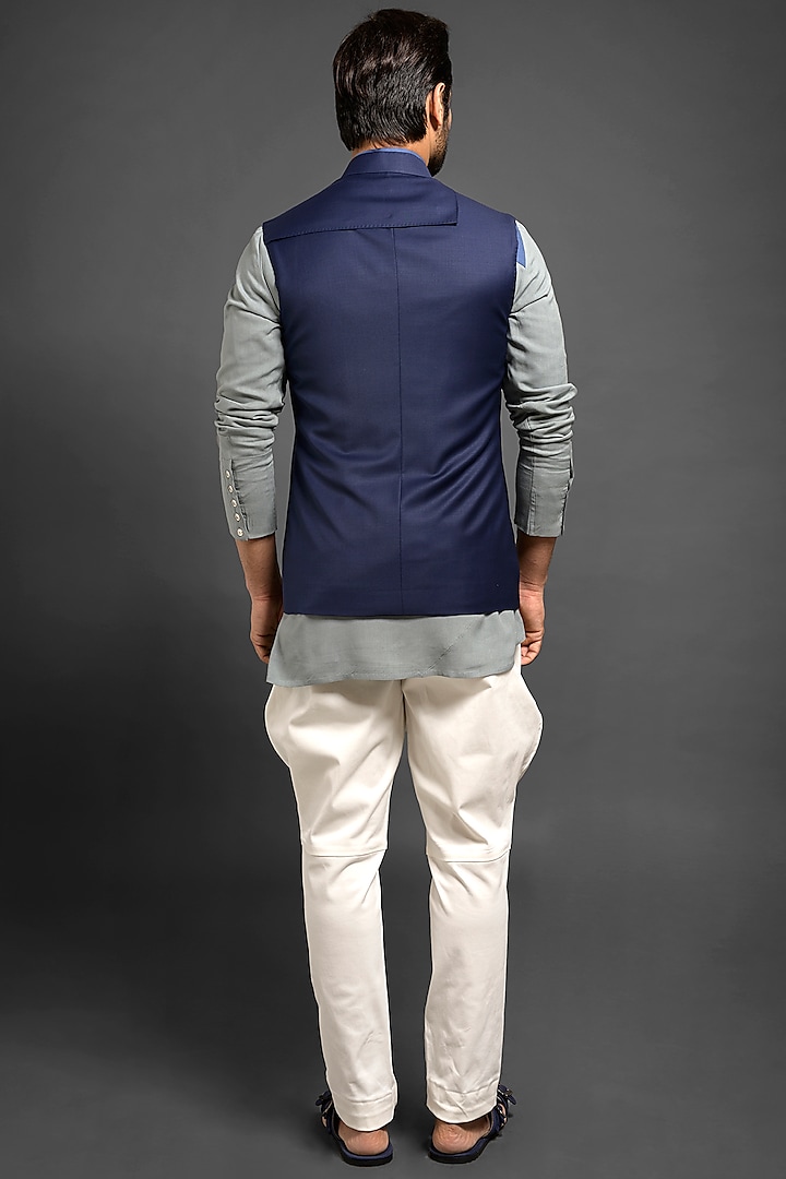 Navy Blue Sadri Bundi Jacket With Cross Style Flap by Mitesh Lodha at Pernia's Pop Up Shop