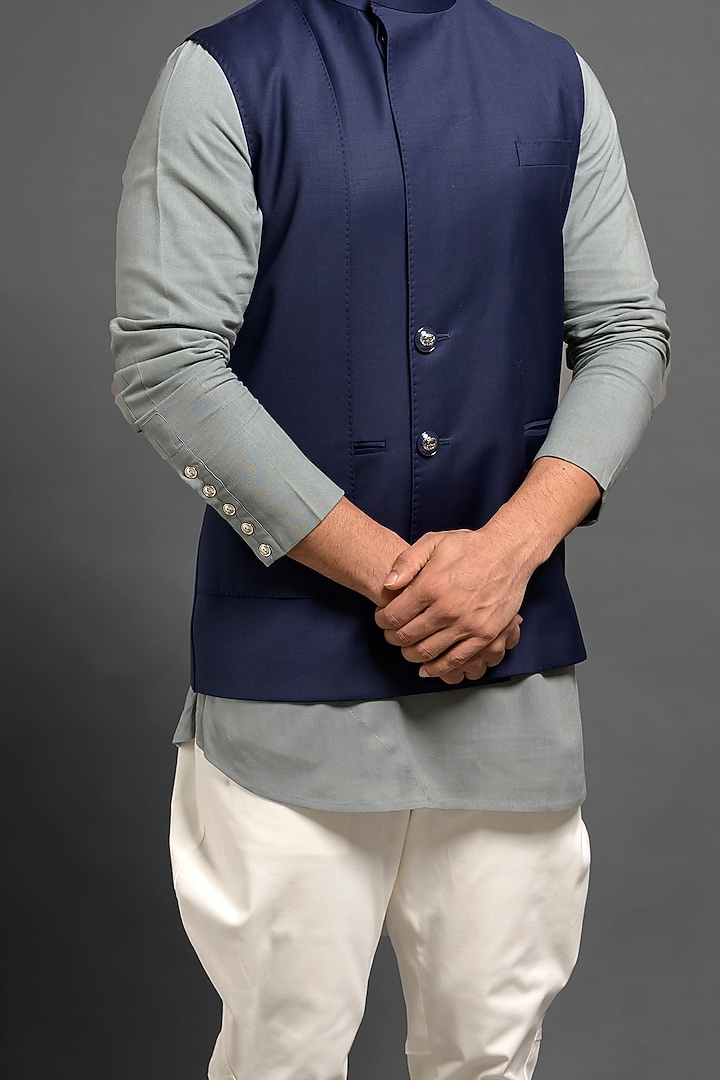 Navy Blue Sadri Bundi Jacket With Cross Style Flap by Mitesh Lodha at Pernia's Pop Up Shop