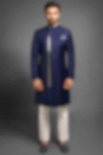 Navy Blue Sherwani With Convertible Overlap by Mitesh Lodha