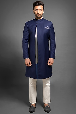 Navy Blue Sherwani With Convertible Overlap by Mitesh Lodha