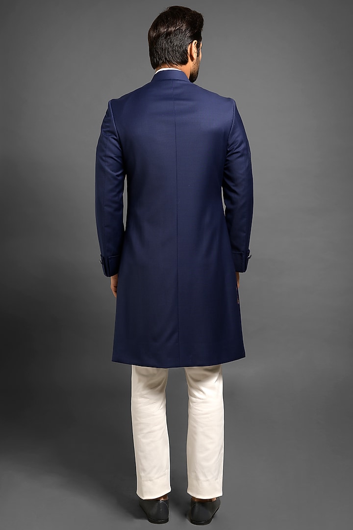 Navy Blue Wedding Sherwani With Convertible Overlap by Mitesh Lodha at Pernia's Pop Up Shop
