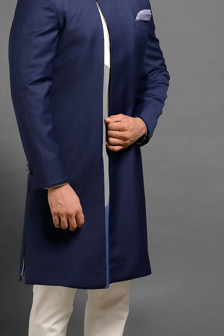 Navy Blue Wedding Sherwani With Convertible Overlap by Mitesh Lodha at Pernia's Pop Up Shop