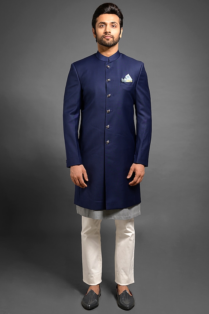 Navy Blue Achkan Indowestern Jacket With Metal Buttons by Mitesh Lodha