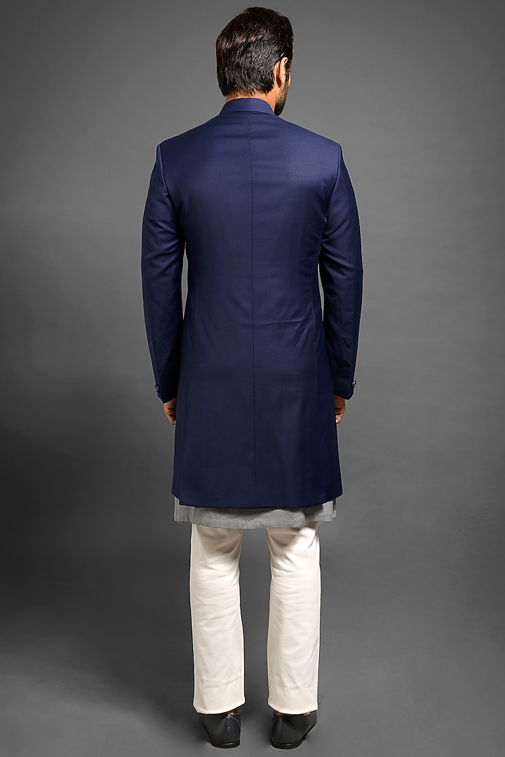 Navy Blue Achkan Wedding Indowestern Jacket With Metal Buttons by Mitesh Lodha at Pernia's Pop Up Shop