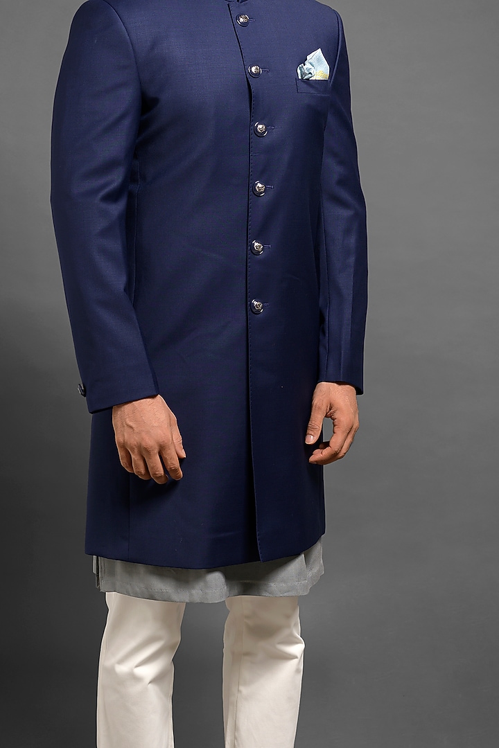 Navy Blue Achkan Wedding Indowestern Jacket With Metal Buttons by Mitesh Lodha at Pernia's Pop Up Shop