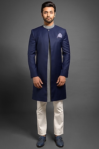 Navy Blue Sherwani With Box Pleats by Mitesh Lodha
