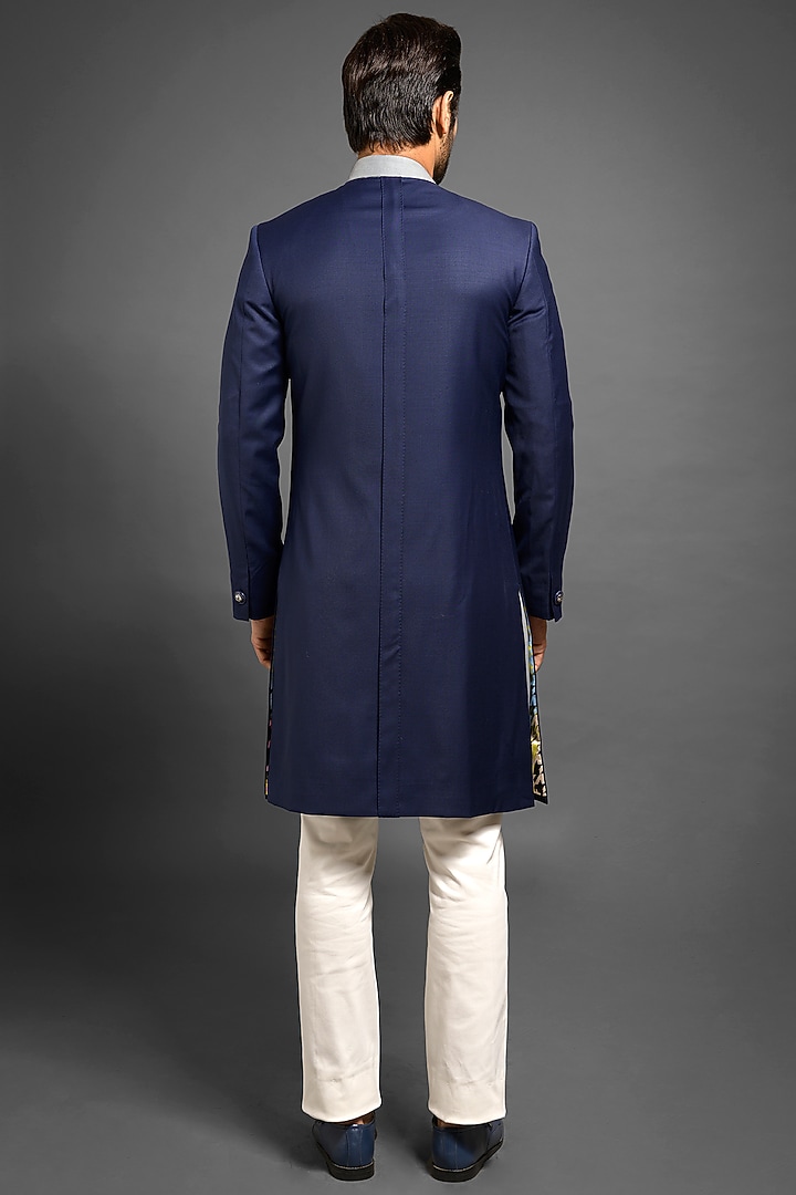 Navy Blue Wedding Sherwani With Box Pleats by Mitesh Lodha at Pernia's Pop Up Shop