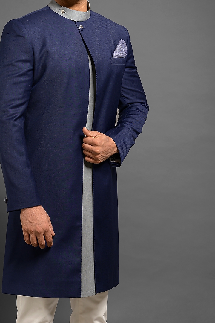 Navy Blue Wedding Sherwani With Box Pleats by Mitesh Lodha at Pernia's Pop Up Shop