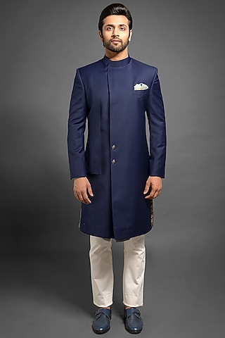 Navy Blue Sherwani With An Overlap by Mitesh Lodha