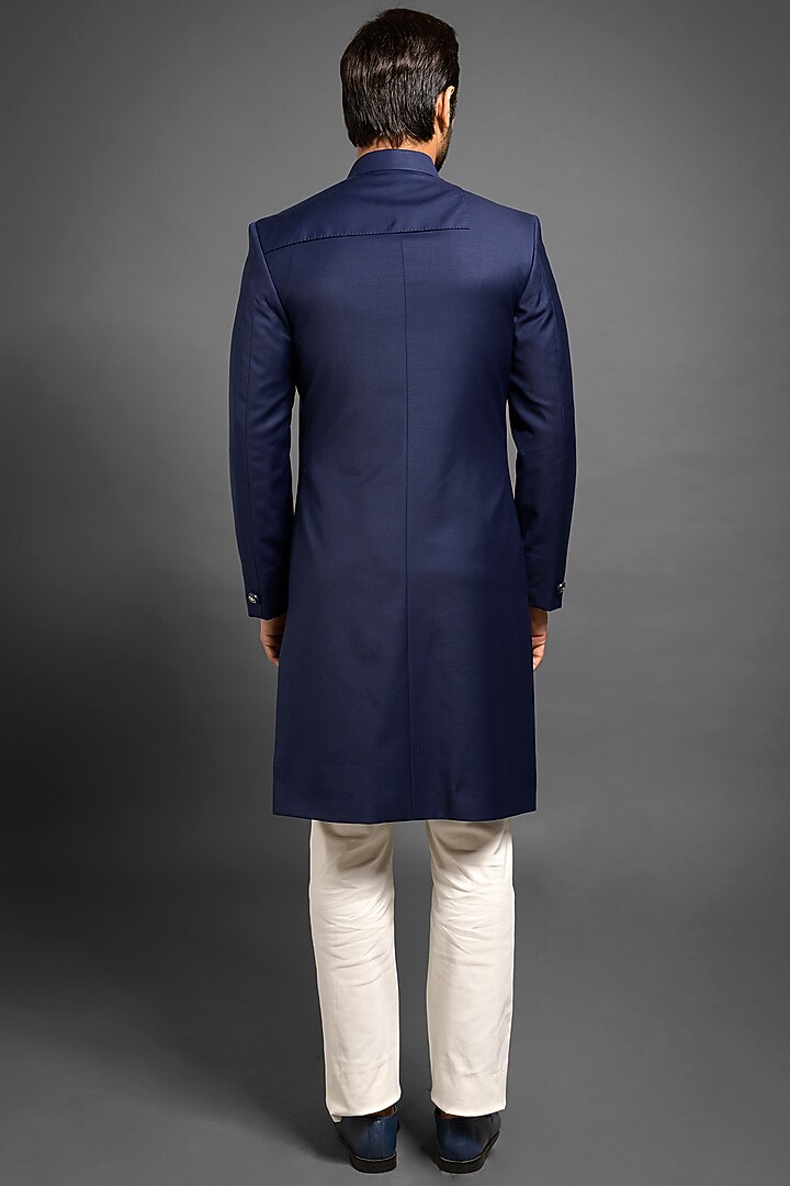 Navy Blue Wedding Sherwani With An Overlap by Mitesh Lodha at Pernia's Pop Up Shop