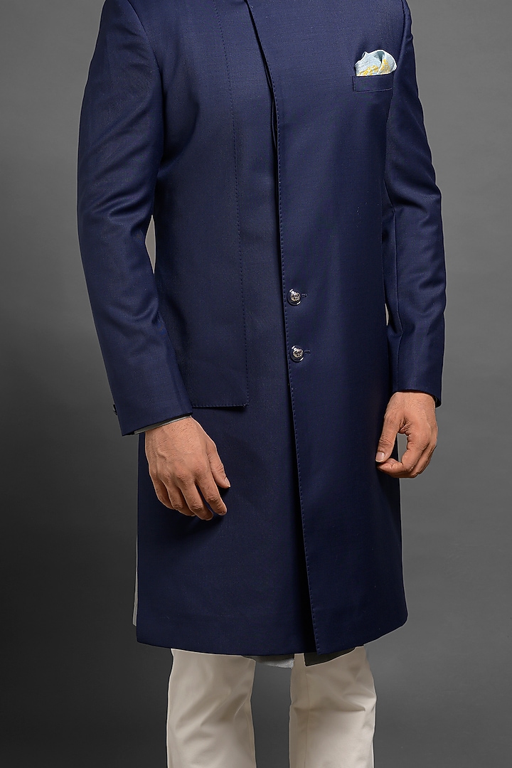 Navy Blue Wedding Sherwani With An Overlap by Mitesh Lodha at Pernia's Pop Up Shop