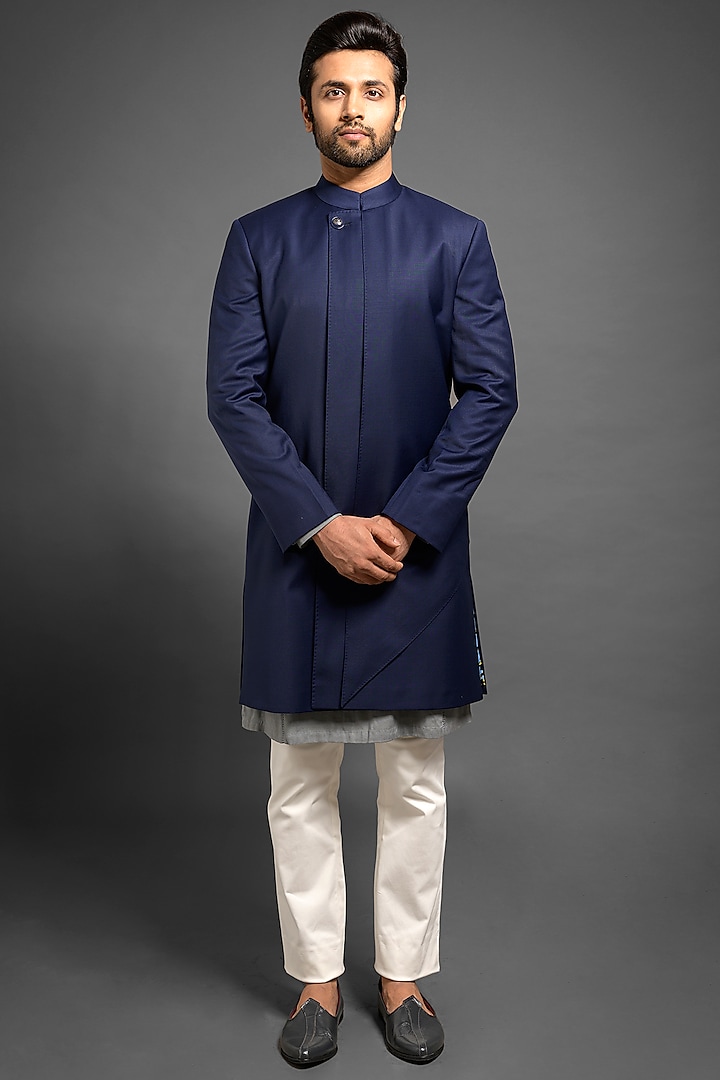 Navy Blue Sherwani With A Long Flap by Mitesh Lodha