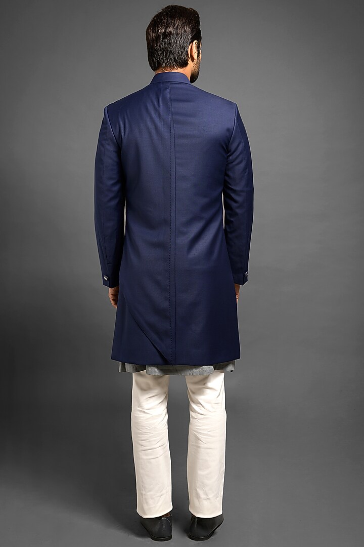 Navy Blue Wedding Sherwani With A Long Flap by Mitesh Lodha at Pernia's Pop Up Shop