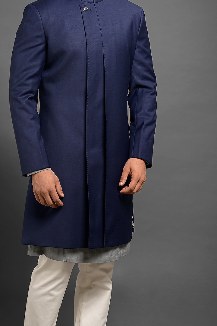 Navy Blue Wedding Sherwani With A Long Flap by Mitesh Lodha at Pernia's Pop Up Shop