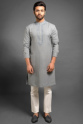 Grey Embroidered Kurta by Mitesh Lodha