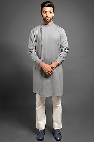 Grey Pintucked Asymmetric Kurta by Mitesh Lodha