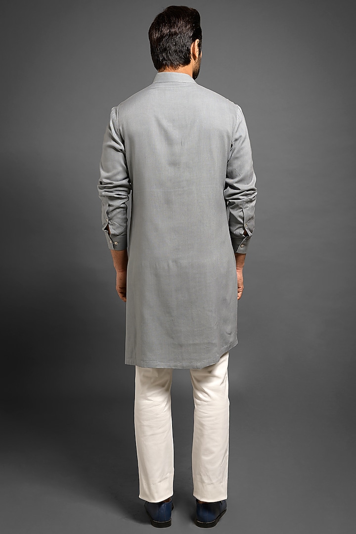 Grey Pintucked Asymmetric Kurta by Mitesh Lodha at Pernia's Pop Up Shop