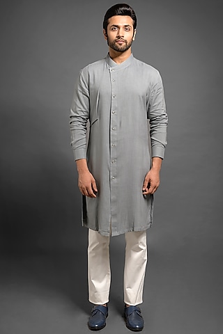 Grey Shifted Kurta With Small Flap by Mitesh Lodha