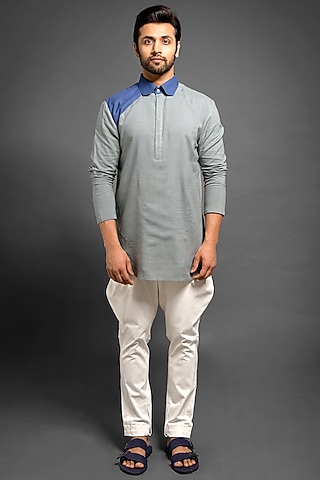 Grey & Blue Pintuck Kurta by Mitesh Lodha