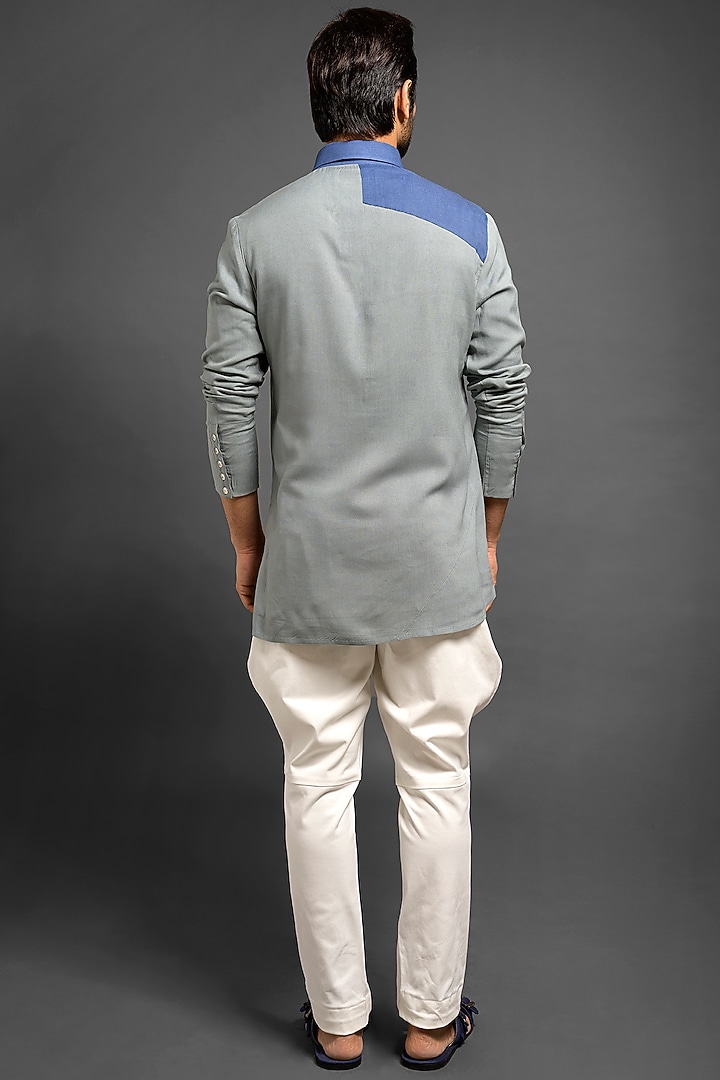 Grey & Blue Pintuck Kurta by Mitesh Lodha at Pernia's Pop Up Shop