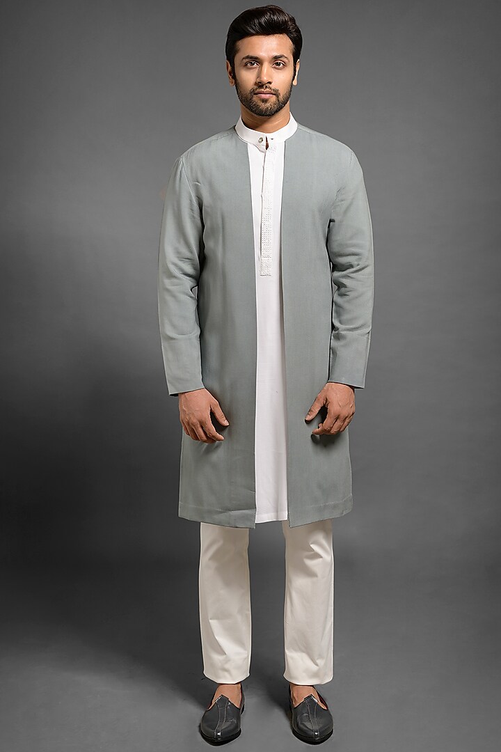 Grey Open Style Layered Indowestern Jacket by Mitesh Lodha