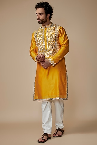 Kesari Chanderi Floral Embroidered Kurta by MILO by Miloni Shah
