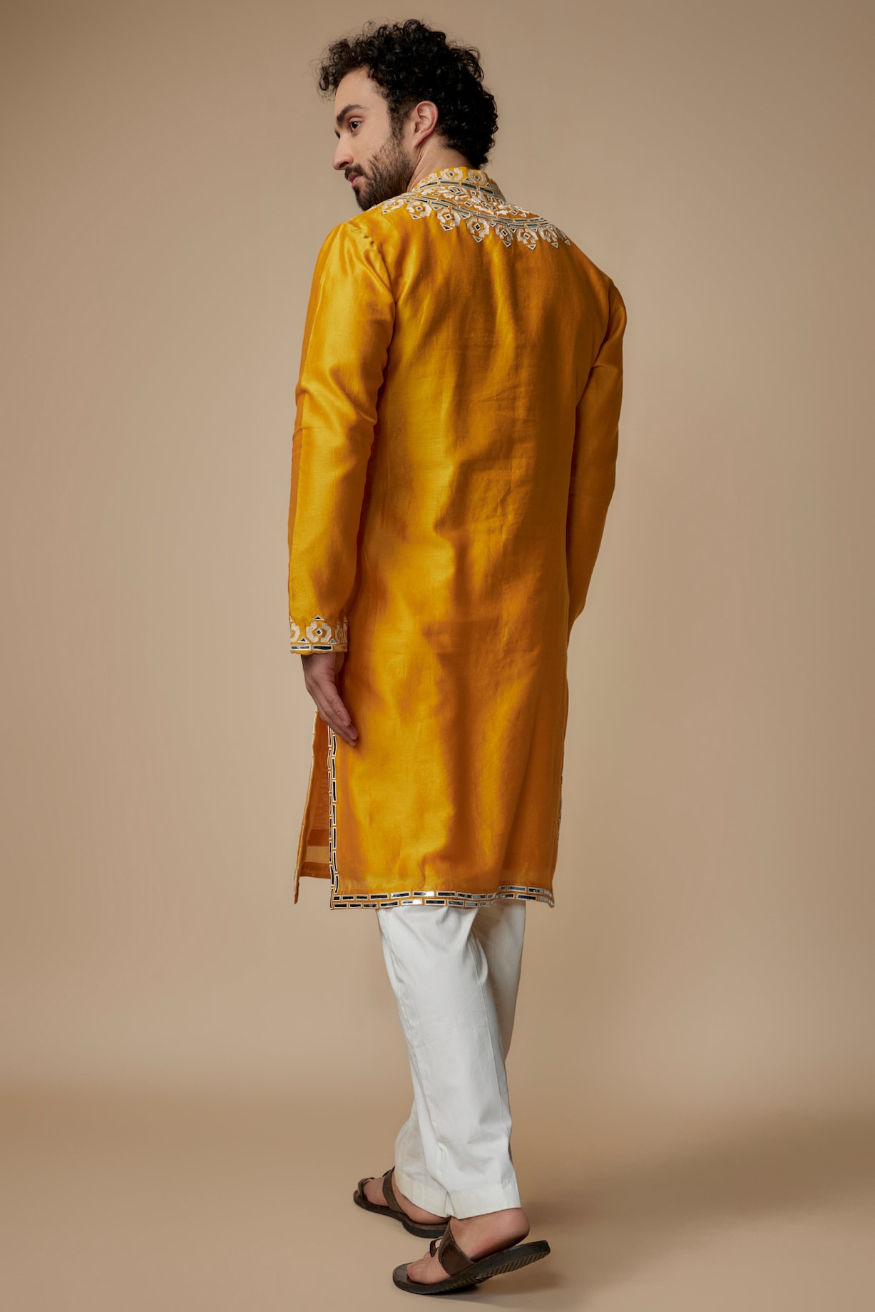 Kesari Chanderi Floral Embroidered Kurta by MILO by Miloni Shah at