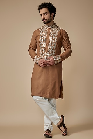 Brown Handloom Silk Mirror Work Kurta by MILO by Miloni Shah