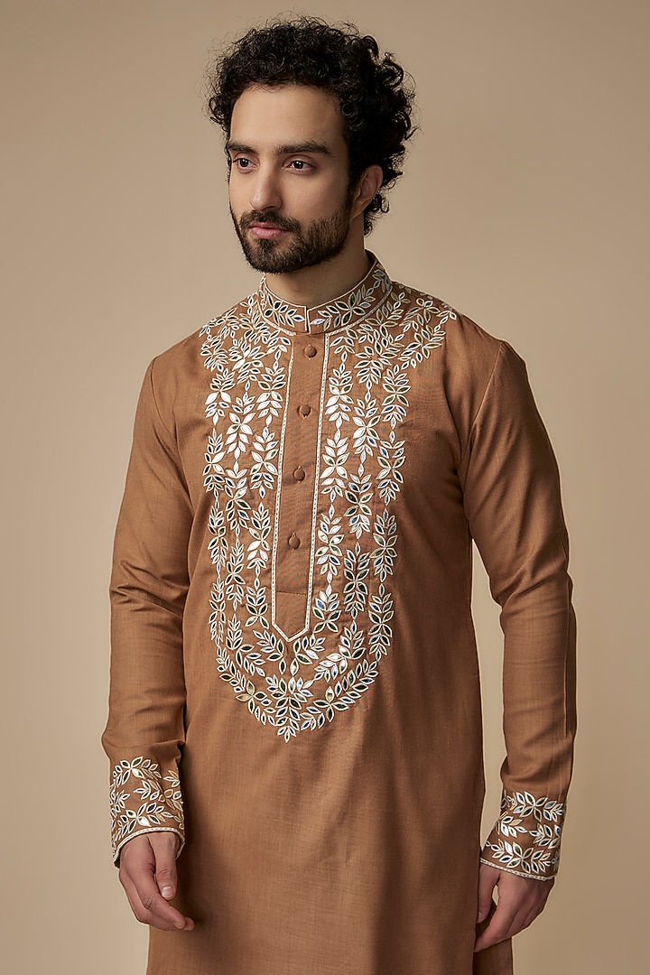 Brown Handloom Silk Mirror Work Kurta by MILO by Miloni Shah at Pernia's Pop Up Shop