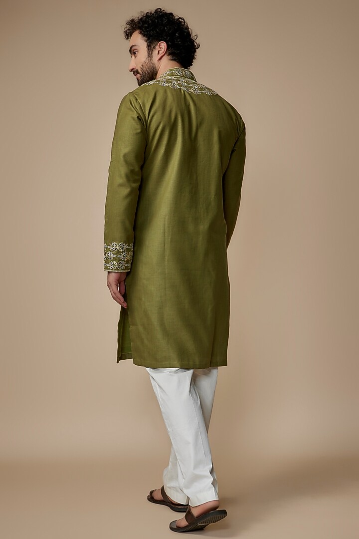 Olive Green Handloom Silk Mirror Applique Work Kurta by MILO by Miloni Shah at Pernia's Pop Up Shop