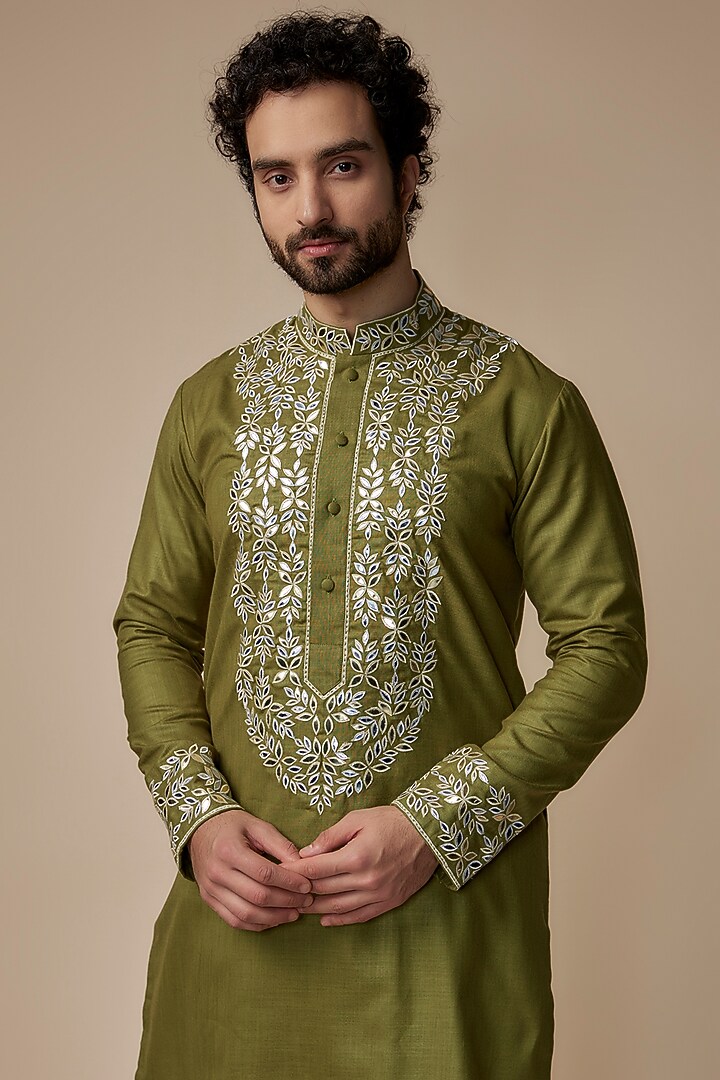 Olive Green Handloom Silk Mirror Applique Work Kurta by MILO by Miloni Shah at Pernia's Pop Up Shop
