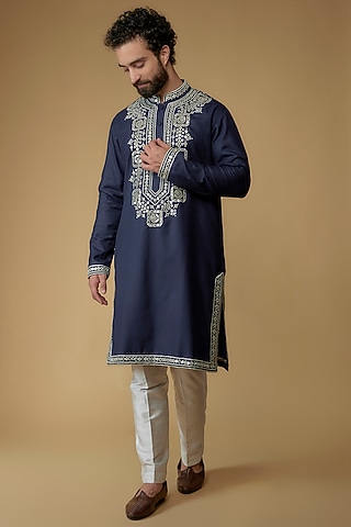 Navy Blue Handspun Geometric Pattern Kurta by MILO by Miloni Shah