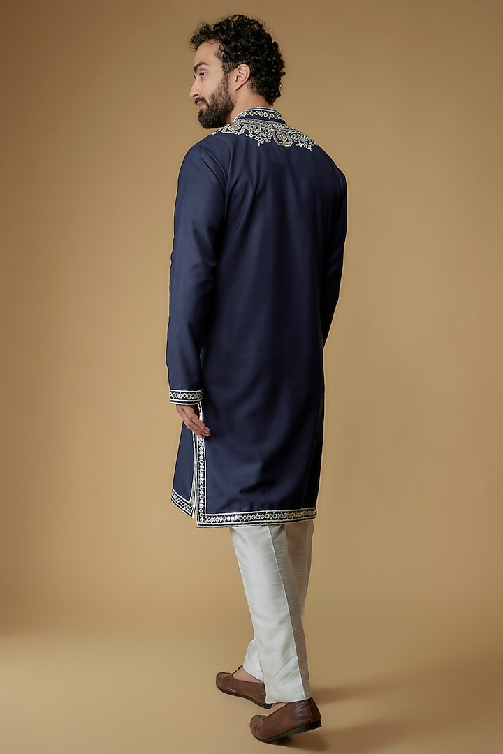 Navy Blue Handspun Geometric Pattern Kurta by MILO by Miloni Shah at Pernia's Pop Up Shop