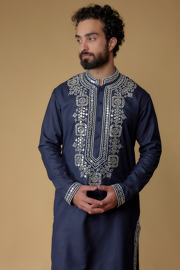 Navy Blue Handspun Geometric Pattern Kurta by MILO by Miloni Shah at Pernia's Pop Up Shop