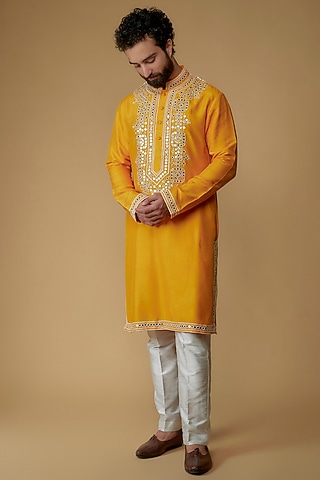 Kesari Yellow Viscose Silk Blend Mirror Applique Kurta by MILO by Miloni Shah